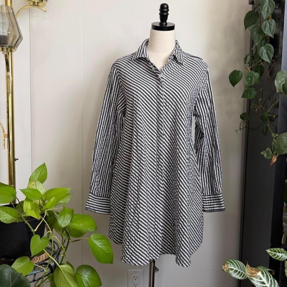 Tulip Womens Gray White Striped Cotton Shirt Dress Long Sleeve Pockets Small